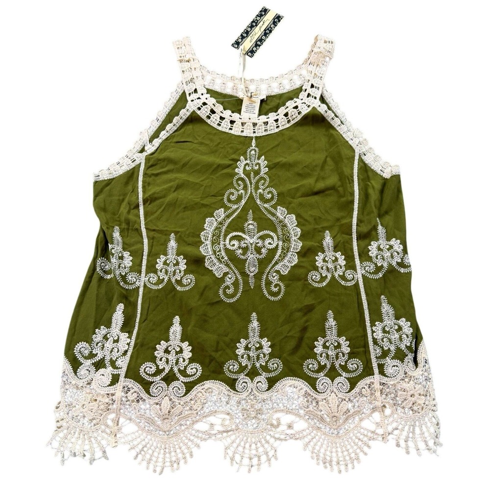 Ultra Pink Olive Green Embroidered Lace Trim Boho Tank Top NWT Size L